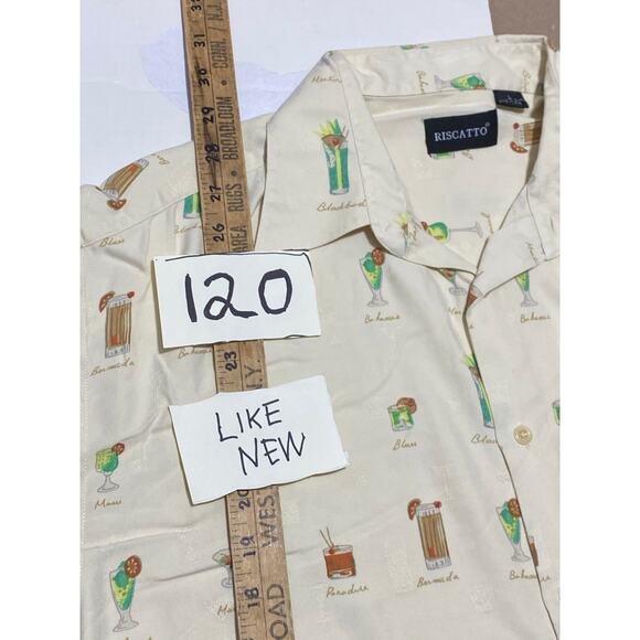 VTG Riscatto Cocktail Shirt Size L Beige Silk Short Sleeve Button-Up Mai Tai - Picture 9 of 9